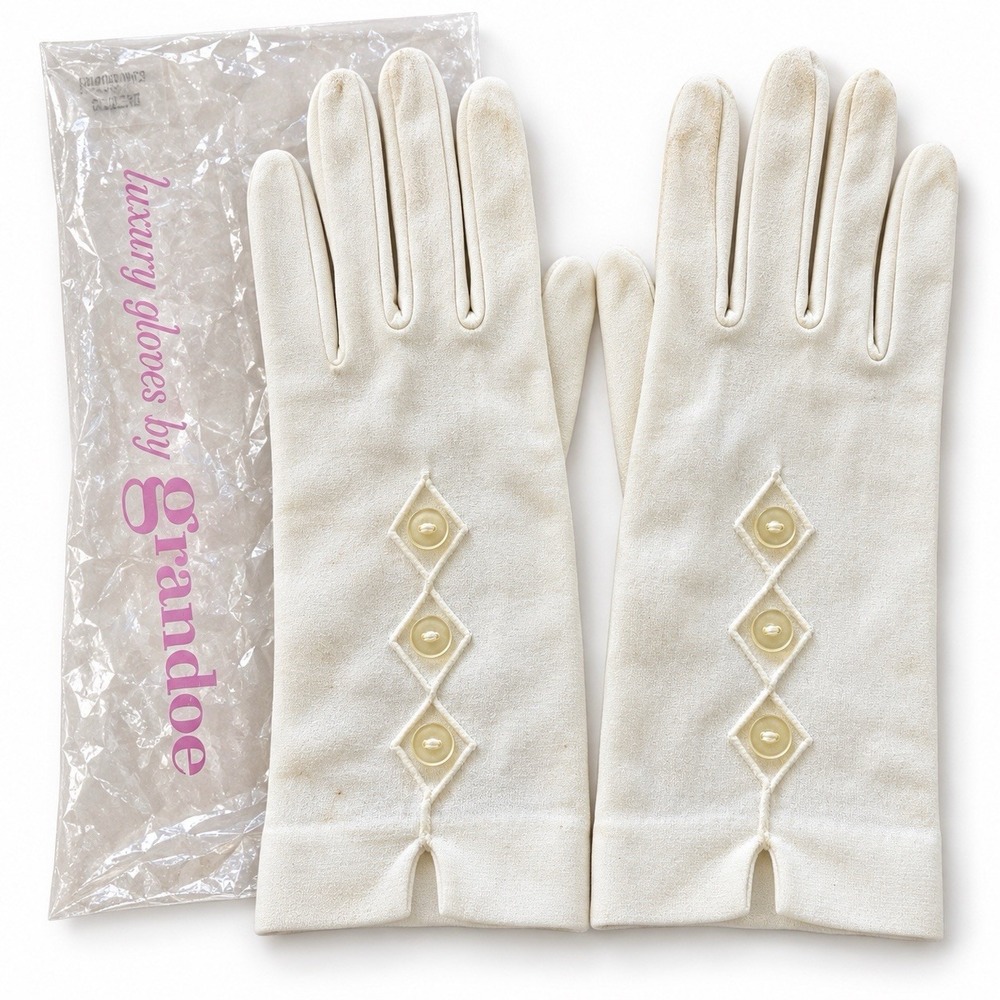 Vintage Grandoe Ivory White Dress Gloves Button Diamond Detail 8” Original Bag